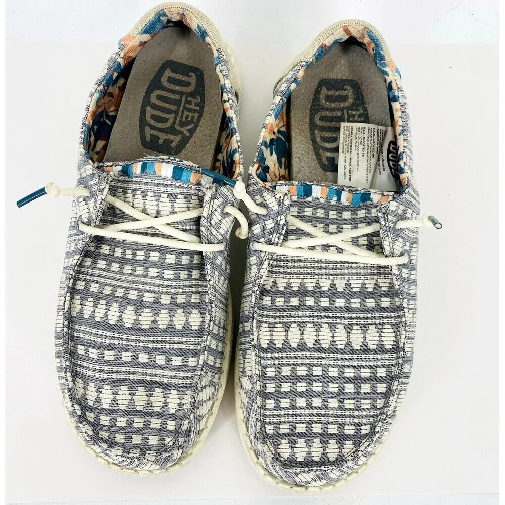 Hey Dude Wendy Boho Embroidery Slip On Shoes Grey Womens Size 7 Casual Mock Toe